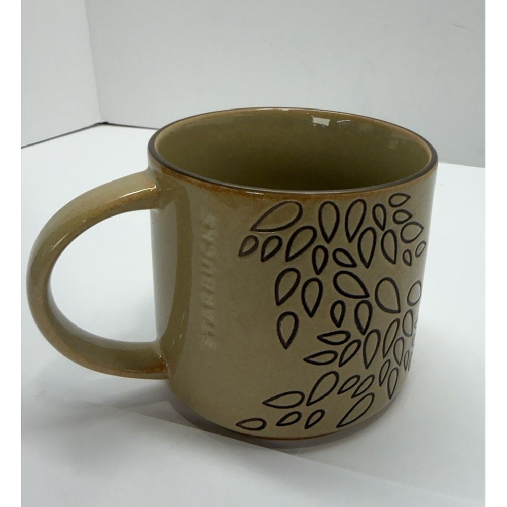 Starbucks‎ 2013 Tan Ceramic Coffee Mug Embossed Leaf Pattern 14oz Stackable Leaf